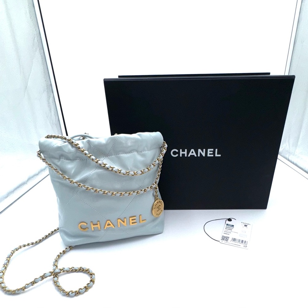 Chanel Shiny Calfskin Quilted Mini Chanel 22 Light Blue Crossbody